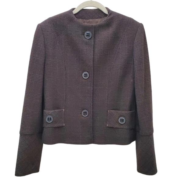 Thalian Blazer Jacket Large Buttons No Collar Longsleeve Brown Black Plaid Sz 6 - Picture 1 of 16